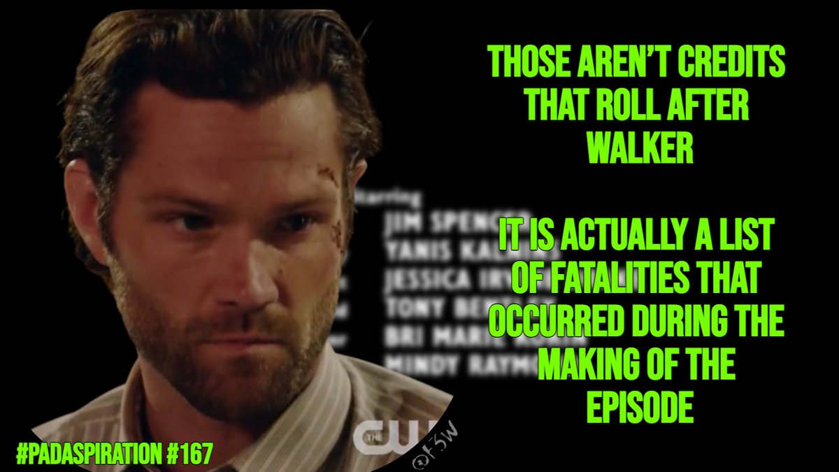 Franki3W's tweet photo. #PadaSpiration #167
Those aren’t credits that roll after #Walker. It is actually a list of fatalities that occurred during the making of the episode.

#WalkerFamily #SPNFamily #Supernatural #AKF @jarpad #PadaStrength #PadAwesome #EpisodeFatalities #Credits #JaredPadalecki https://t.co/gkDypVagPk
