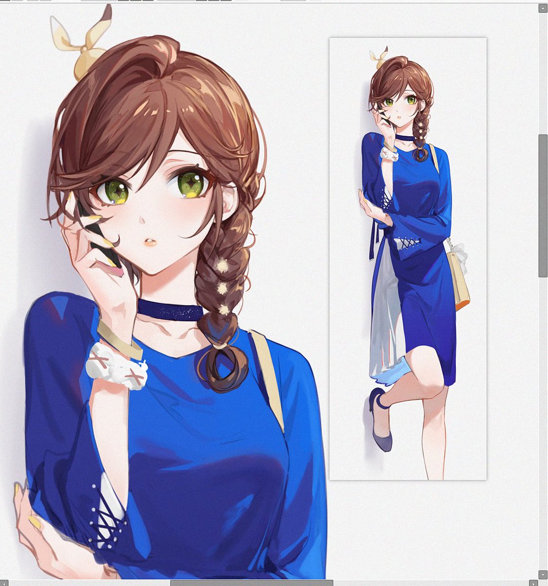 1girl green eyes brown hair dress looking at viewer phone bangs  illustration images