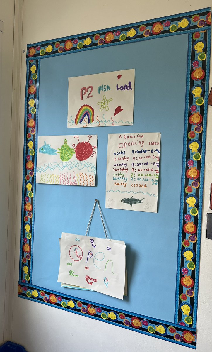 COMING SOON: P2 Fish Land 🐠. Today P2 started setting up their new role play area. P2 have been exploring under the sea and were eager to set up an aquarium in the classroom. P2 enjoyed brainstorming names for the aquarium and designing lots of signs and tickets today 🎟🐬.
