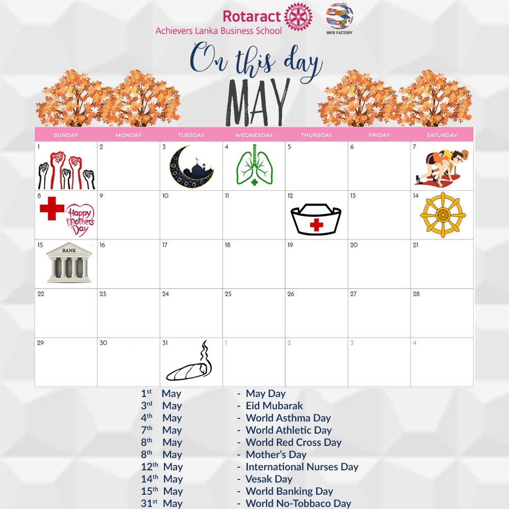 In4Factory's tweet image. On This Day for the month of May 🗓️

#Rotaract #Rotaract3220 #ServetoChangeLives #RACALBS  #ServingByEmbracingTheChange #InternationalVoluntary #RotaractInternational #MayDay #EidMubarak #AsthmaDay #AthleticDay  #RedCrossDay #MothersDay #NursesDay #Vesak #BankingDay #NoTobbacoDay