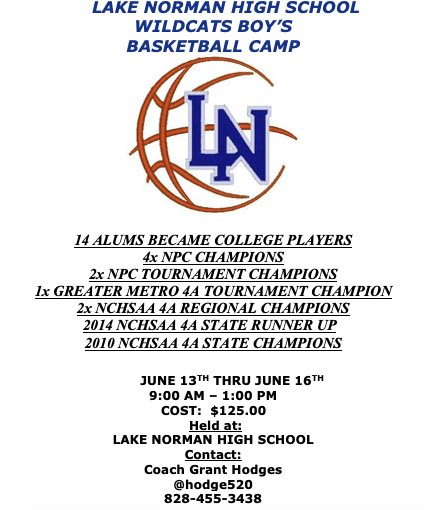 ‼️ Wildcat Basketball Camp ‼️

Mon 6/13 - Thur. 6/16 ‼️

Contact Coach Hodges

Details 👀👇