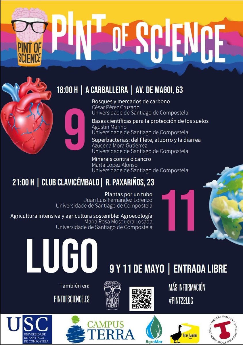 ¡El festival de divulgación científica Pint of Science llega a Lugo!
¡Aquí tenéis el programa!

📌Bar Carballeira y Club Clavicémbalo
📅9 y 11 de mayo
🎟️GRATIS

#Pint22 #Pint22ES #Pint22LUG