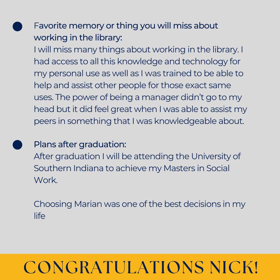 Today's Senior Spotlight is Nick Beedie. Nick has worked in the library his entire time at Marian, serving as Student Manager the last 3 years. Congratulations Nick and good luck in grad school! We will miss you in the Library! 

#SeniorSpotlight #MarianUniversity