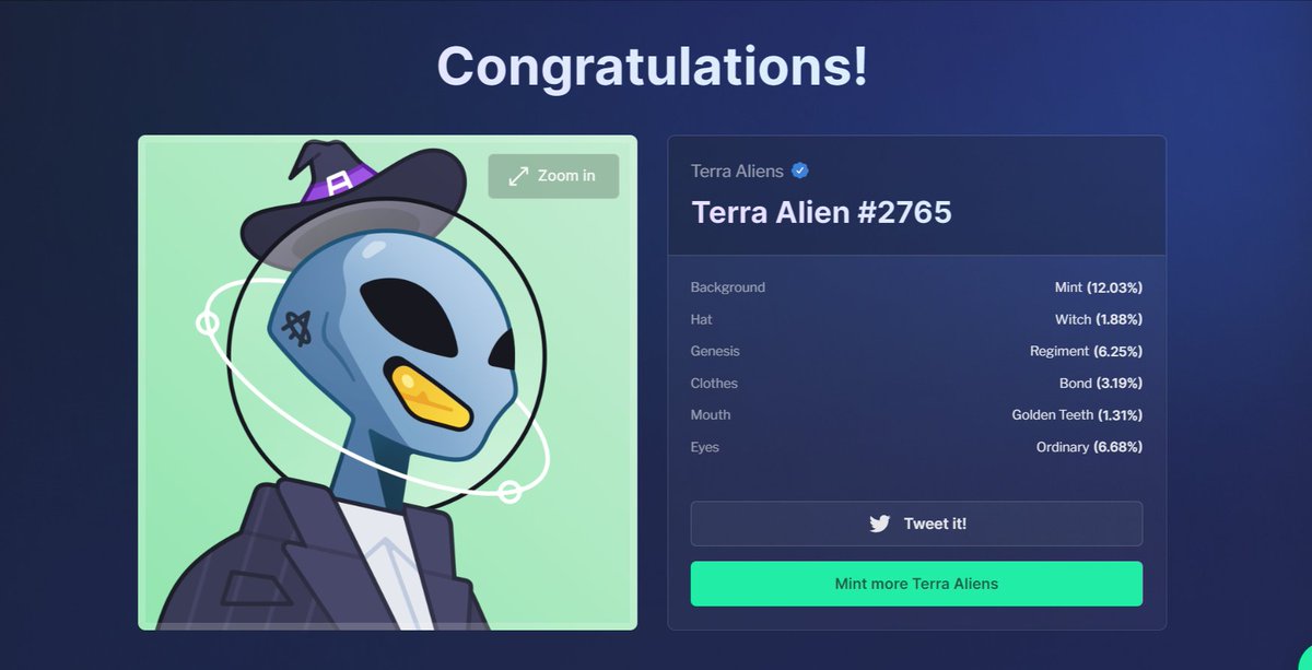 Hello Residents 🔑 

Proposal #8 has been approved ✅️

DAO Members has approved the minting of 1 <a href="/TerraAliensNFT/">Terra Aliens ✧</a> with $LunaX funds

The Rooms DAO now owns Terra Alien #2765 rank 513 of 3666

You can check #DAO investments here: apeboard.finance/dashboard/APE-…

#TERRA #LUNA #NFT