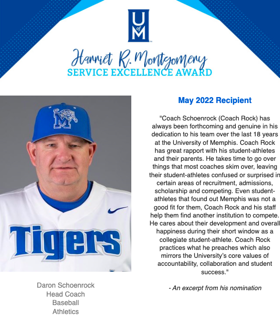 MemphisBaseball's tweet photo. Congratulations to head coach Daron Schoenrock who has earned the Harriet R. Montgomery Service Excellence Award!

The award goes to a University of Memphis employee who consistently demonstrate a commitment to the highest levels of customer service excellence

#GoTigersGo https://t.co/WWaCXWWPba