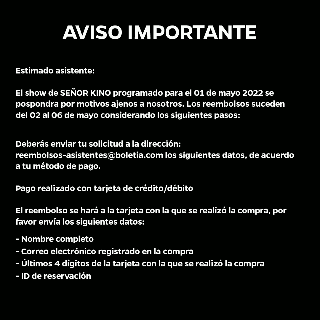 indierocks's tweet photo. ¡Último día para solicitar su reembolso del concierto de @senorkino en el @ForoIndierocks!  

https://t.co/paTIzvvDz6 https://t.co/9mROrzkjSQ
