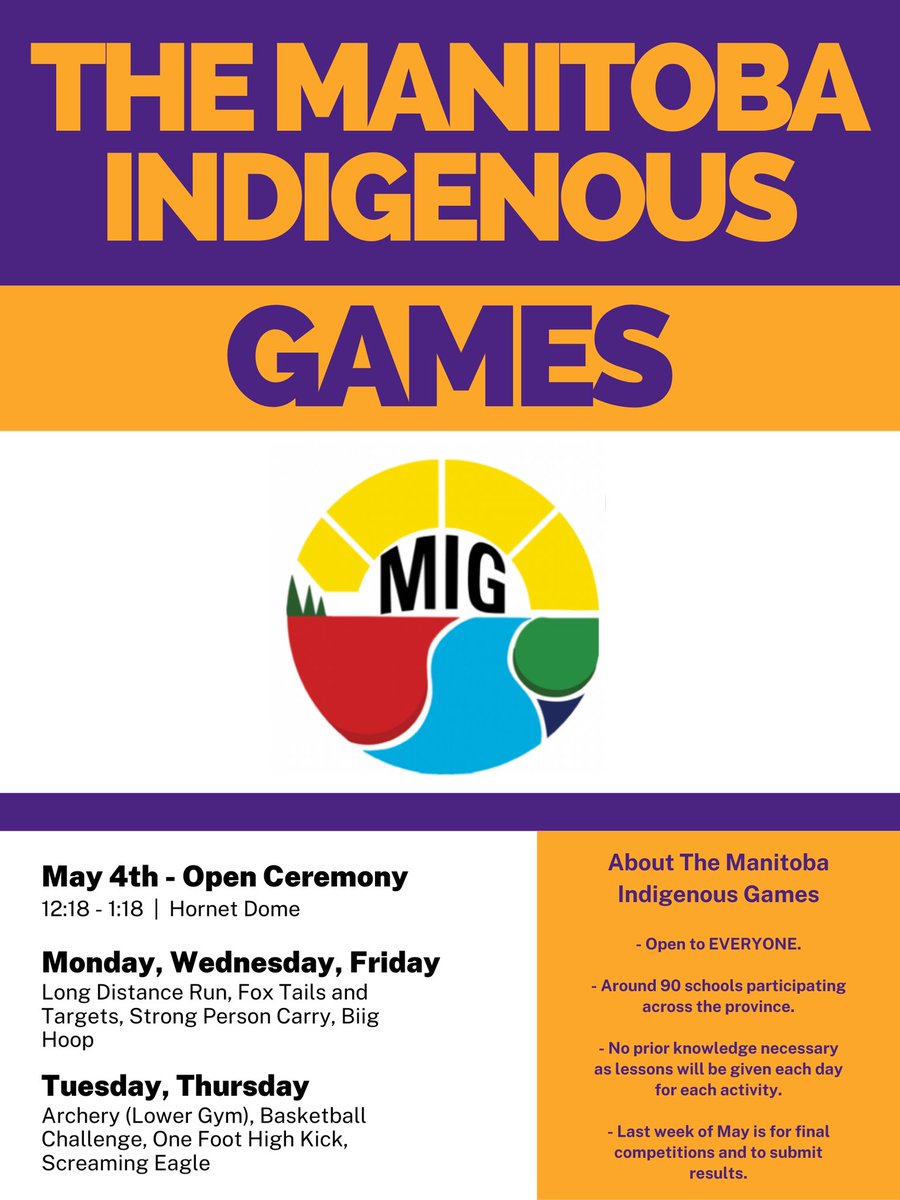 Join us every lunch hour in May!

Starting May 4th, we will be hosting events every day for students to participate in.

Open to ALL students to come, participate, watch others take on challenges, and have fun!

<a href="/tecvocwpg/">Tec-Voc High School</a> @winnipegsd @_masrc