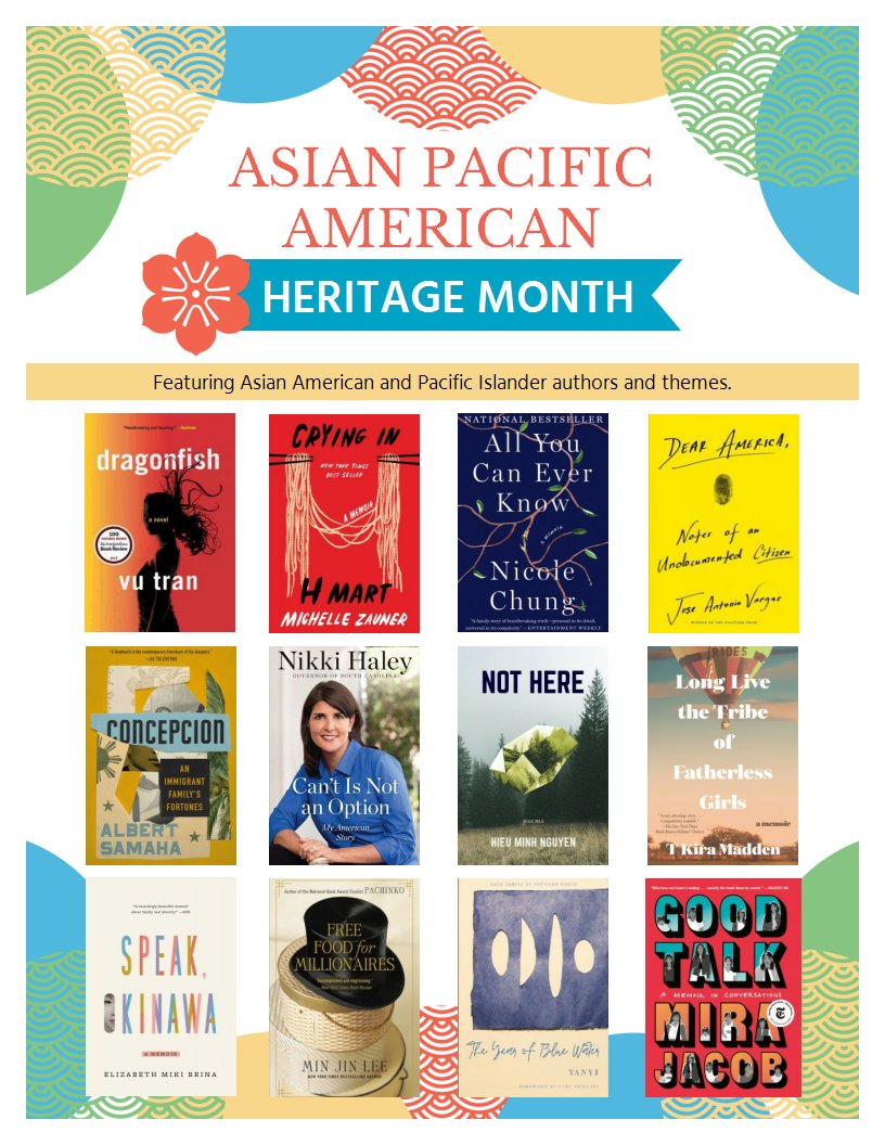 Happy #AAPIHeritageMonth! Here's some books by #asianamerican or #pacificamerican authors like @roomwithavu, @Jbrekkie, @nicolesjchung, @joseiswriting, @NikkiHaley, @HieuMinh, @tkiramadden, @minjinlee11, @yanyi___, and @mirajacob #rfl #thisisriverhead libraryaware.com/2J12W4