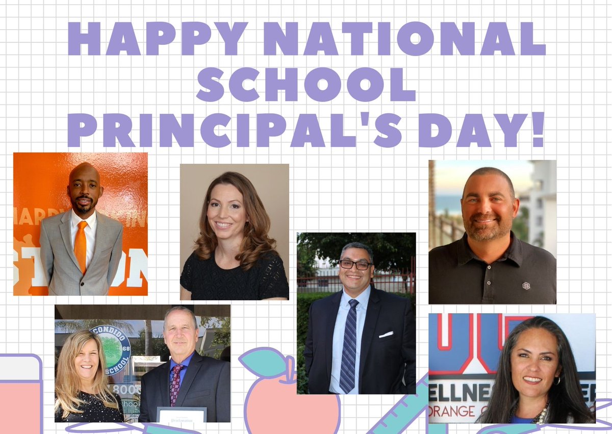 EUHSD's tweet image. Happy #NationalSchoolPrinicipalsDay to our school leaders! Thanks for all you do!
@kalish_kristin, @DelLagoAcademy 
@Jason_JacobsEHS, @ehscougars  
@DrV_OGPrincipal, @OrangeGlen  
Cory Gregory, @SanPasqualHS 
@StaceyAdame3, Tom Allison, @EdEscondido 
Lou Landaverde, @vhsgrizzlies