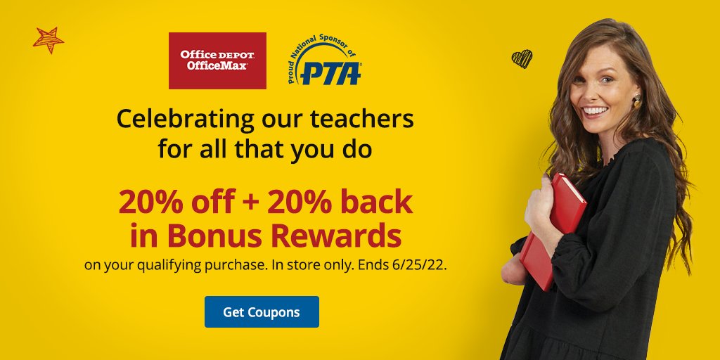 NationalPTA's tweet photo. #sponsored Teachers mean the 🌎 to us. @OfficeDepot is celebrating our teachers with 20% off plus 20% back in bonus rewards on your qualifying purchase. In store only. Ends 6/25/22 https://t.co/b0sNG1oXZz https://t.co/ayZRvUprXz