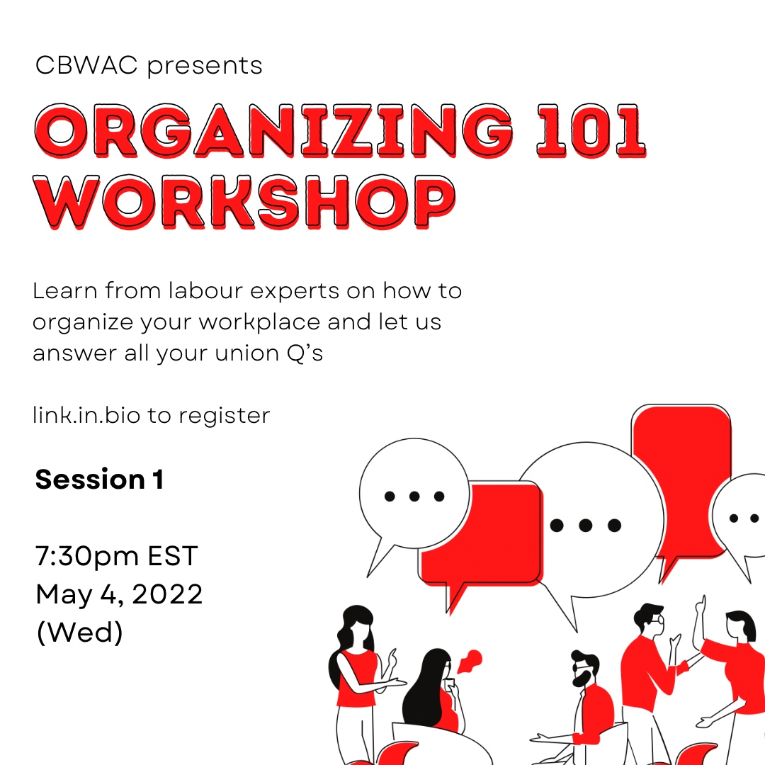 CraftBeerWorker's tweet photo. Our 1st series of workplace organizing workshops covers elements of organizing campaign, prov.  and fed.  labour codes, what a union is, how to build collective power at work leading to signing a card.⁠ Session 1 - May 4th at 7:30pm EST / 4:30pm PST⁠. DM for more info! https://t.co/OZaxxZqxCr