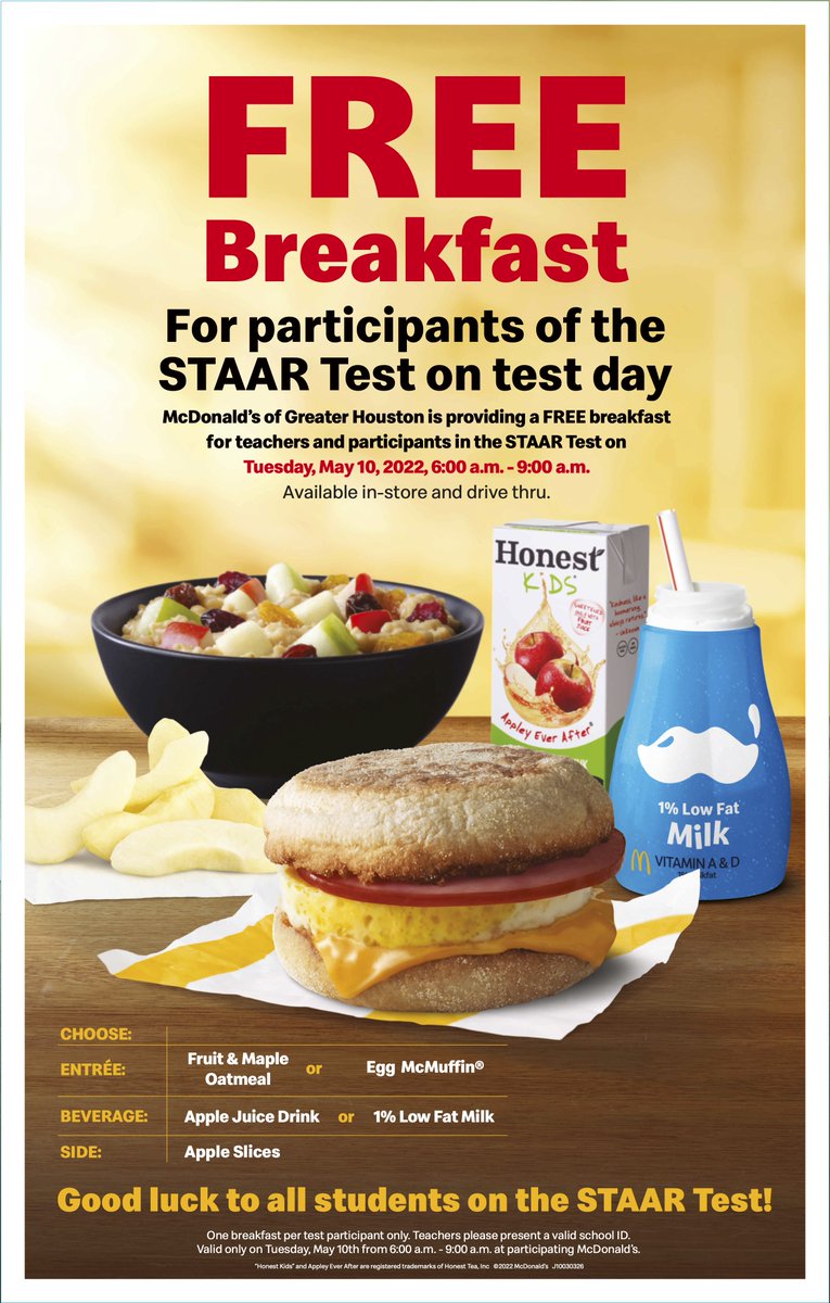 SpringISD's tweet photo. Don't forget: You can go into STAAR testing with a full stomach by hitting up #McDonaldsHouston. They are offering free breakfast for 3rd-8th grade students and teachers (with valid ID). Visit participating McDonald’s restaurants across the city on May 10th from 6 am to 9 am! https://t.co/WbmGS6HJlt