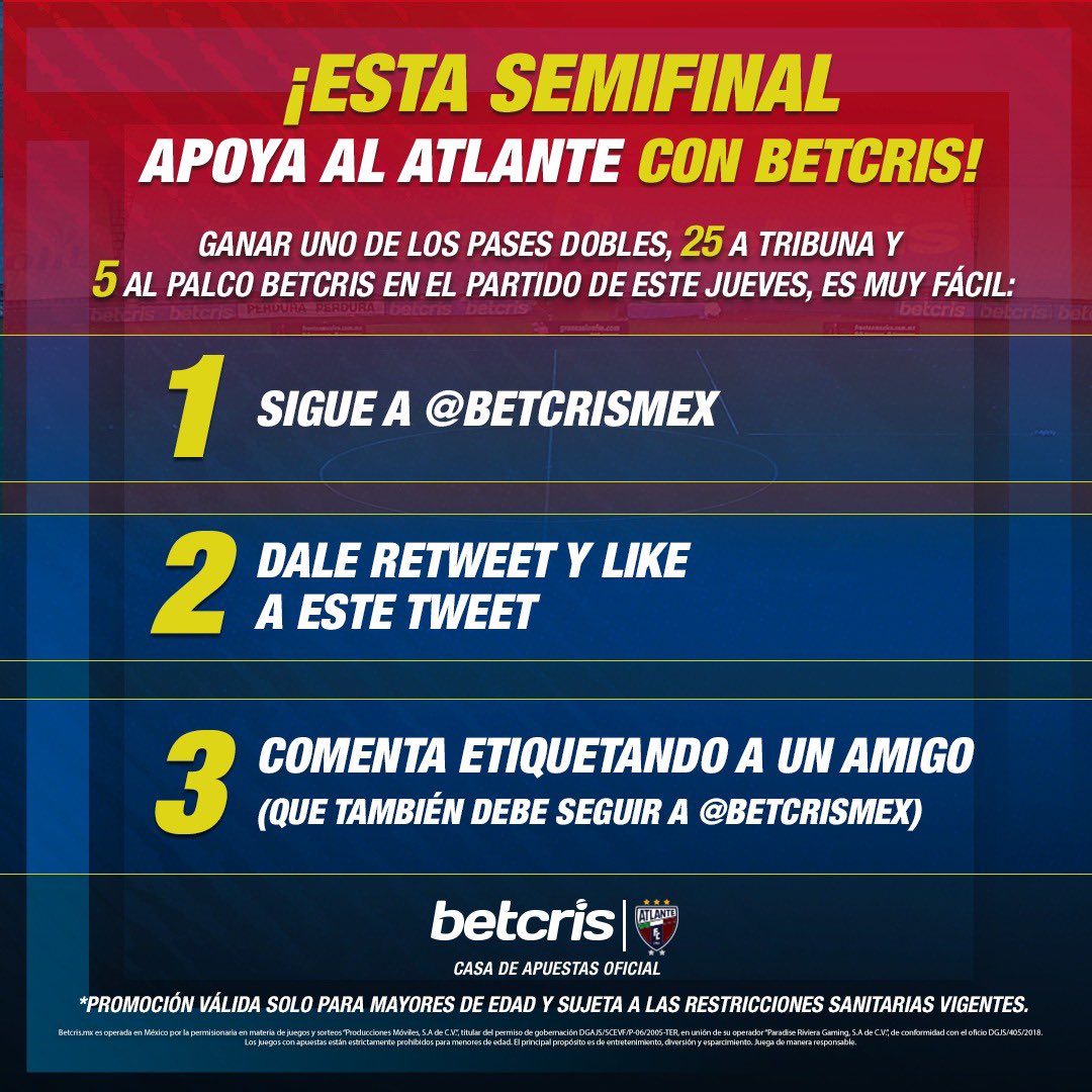 Atlante's tweet photo. ¡Apoya al campeón en casa con Betcris! 🎟️
🏟️ Gana uno de los 25 pases dobles en tribuna y 5 pases dobles en palco para nuestro partido de este miércoles:

1⃣ Sigue a @betcrismex 
2⃣ Dale 🔁 y ❤️ a este tweet
3⃣ Responde etiquetando a un amigo (también debe seguir a @betcrismex) https://t.co/0WVhcs4Mvd