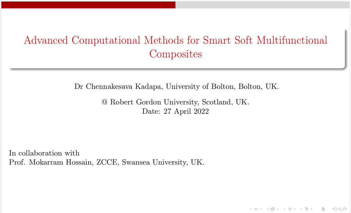 chenna1985's tweet image. My recent presentation on &quot;Advanced Computational Methods for Smart Soft Multifunctional Composites&quot; for the invited talk at Robert Gordon University.
Thanks very much @nh_faisal for the invitation!

@mokarram76
#SmartPolymers #ShapeMorphing #SoftRobotics

shorturl.at/juBW6