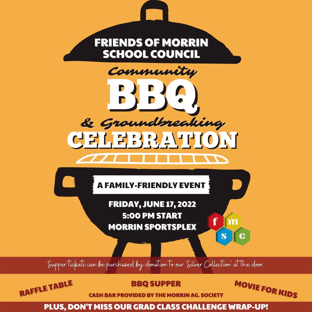 Morrin_FMSC's tweet photo. Join us for our Community BBQ &amp; Groundbreaking Celebration taking place on 𝐅𝐫𝐢𝐝𝐚𝐲, 𝐉𝐮𝐧𝐞 𝟏𝟕, 𝟐𝟎𝟐𝟐 at the Morrin SportsPlex!

Check out full event details here: https://t.co/I657lql9RP

Hope to see you there!

#FMSC #BuildingItBetterTogether #MorrinProud https://t.co/GB6s1PtwyP