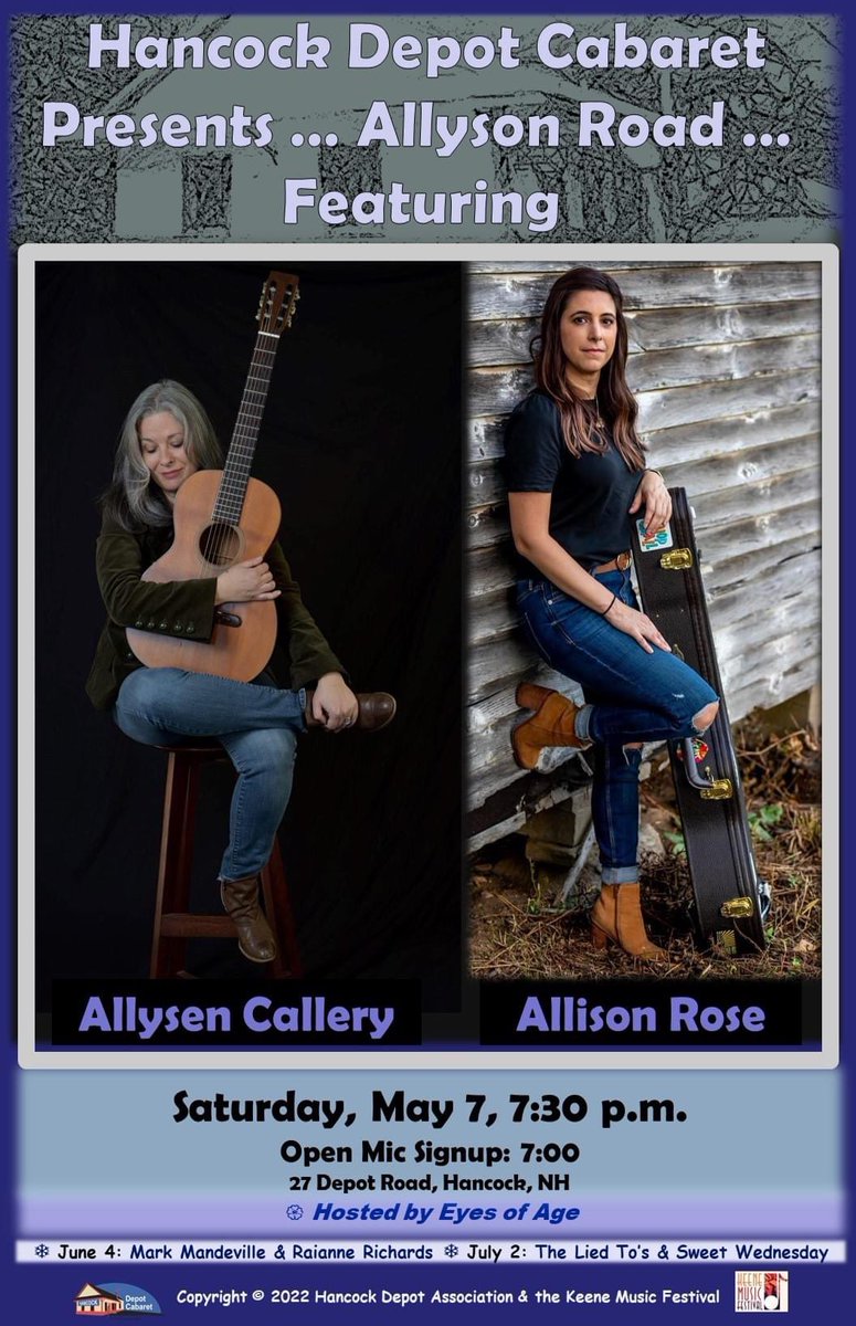 allysencallery's tweet photo. Psyched to return to the Hancock Depot cabaret this Saturday night to share the evening with songstress #allisonrose
We are trading songs from an Allyson (name meld) frame of mind.
See you soon New Hampshire!!
#hancock #NewHampshire #folkmusic https://t.co/obLzIc6wVB