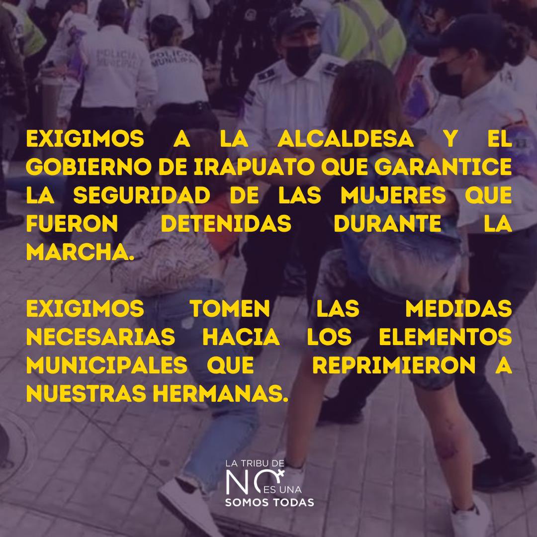 somostodasmx's tweet photo. Rechazamos el uso excesivo de la fuerza pública contra las mujeres que ejercieron su derecho a la protesta en Irapuato, Guanajuato. 

@irapuatogob @CNDH @diegosinhue @LorenaAlfaroG https://t.co/VHGqGvv8JE
