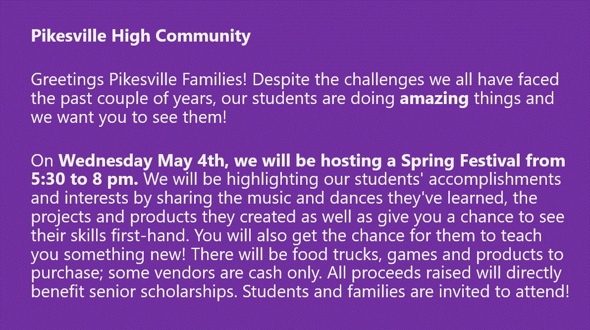 Pikesville HS (@pikesvillehs) on Twitter photo What are you doing Wednesday? Don't forget to come out to our Spring Fest! <a href="/ericeiswert1/">Eric Eiswert</a> <a href="/tedd_wilson/">Tedd Wilson</a> <a href="/MikeBanach/">Mike Banach</a> <a href="/Sam1Buckley/">School Leader Sam Buckley</a> What are you doing Wednesday? Don't forget to come out to our Spring Fest! <a href="/ericeiswert1/">Eric Eiswert</a> <a href="/tedd_wilson/">Tedd Wilson</a> <a href="/MikeBanach/">Mike Banach</a> <a href="/Sam1Buckley/">School Leader Sam Buckley</a>
