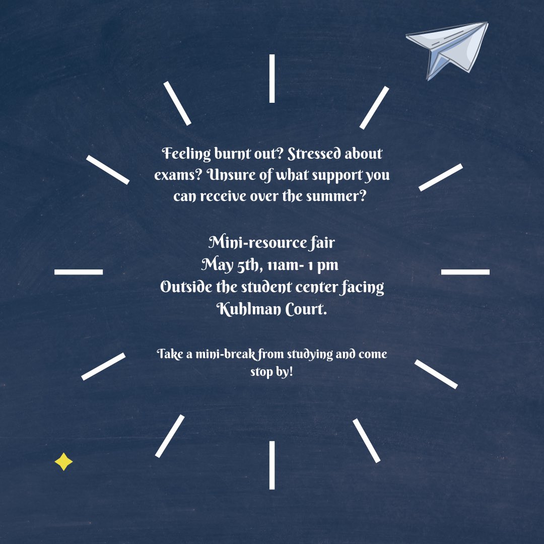 Finals week is a stressful time, and for some going back home is even more stressful. 

If you need any mental health resources or want a break from studying, stop by!

STARS will be at this event. If you want to join, this would be a good opportunity to talk to some members!