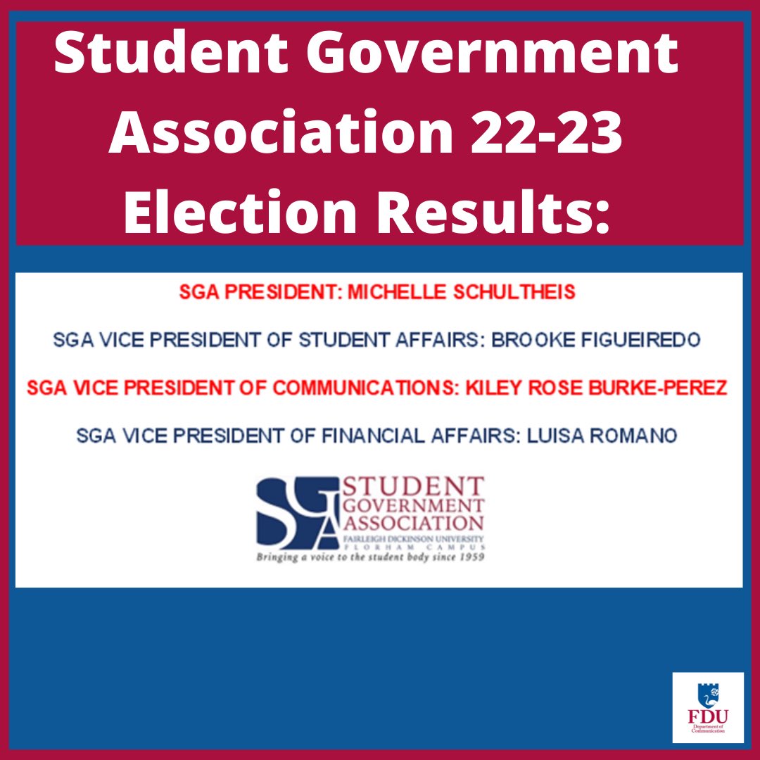 fducomm's tweet photo. This just in! SGA 2022-2023 election results! A special congratulations to Comm major Kiley Rose Burke-Perez, SGA Vice-President of Communications. https://t.co/4xLAzDjAqm