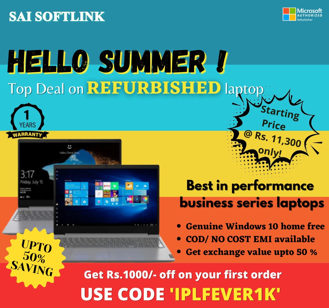 sai_softlink's tweet photo. HELLO SUMMER! May month is on!
Grab the best deal on a refurbished laptop with 1-year warranty.

Quality with Guarantee!
 Get your website designed today at affordable prices!
Chat with us on 9717360555, 011-47324728
Visit https://t.co/ouMw8LLeJa https://t.co/nckZ966BWl