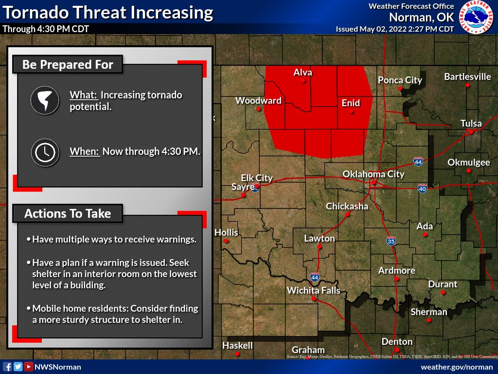 NWSNorman's tweet photo. 2:31pm - Storms have begun to develop along the dryline in northwestern Oklahoma. With a dangerous environment that these storms will be moving into, we're keeping a close eye on these storms for tornado potential in north Oklahoma.

Stay weather aware this evening!

#okwx https://t.co/2h7knXWPHc