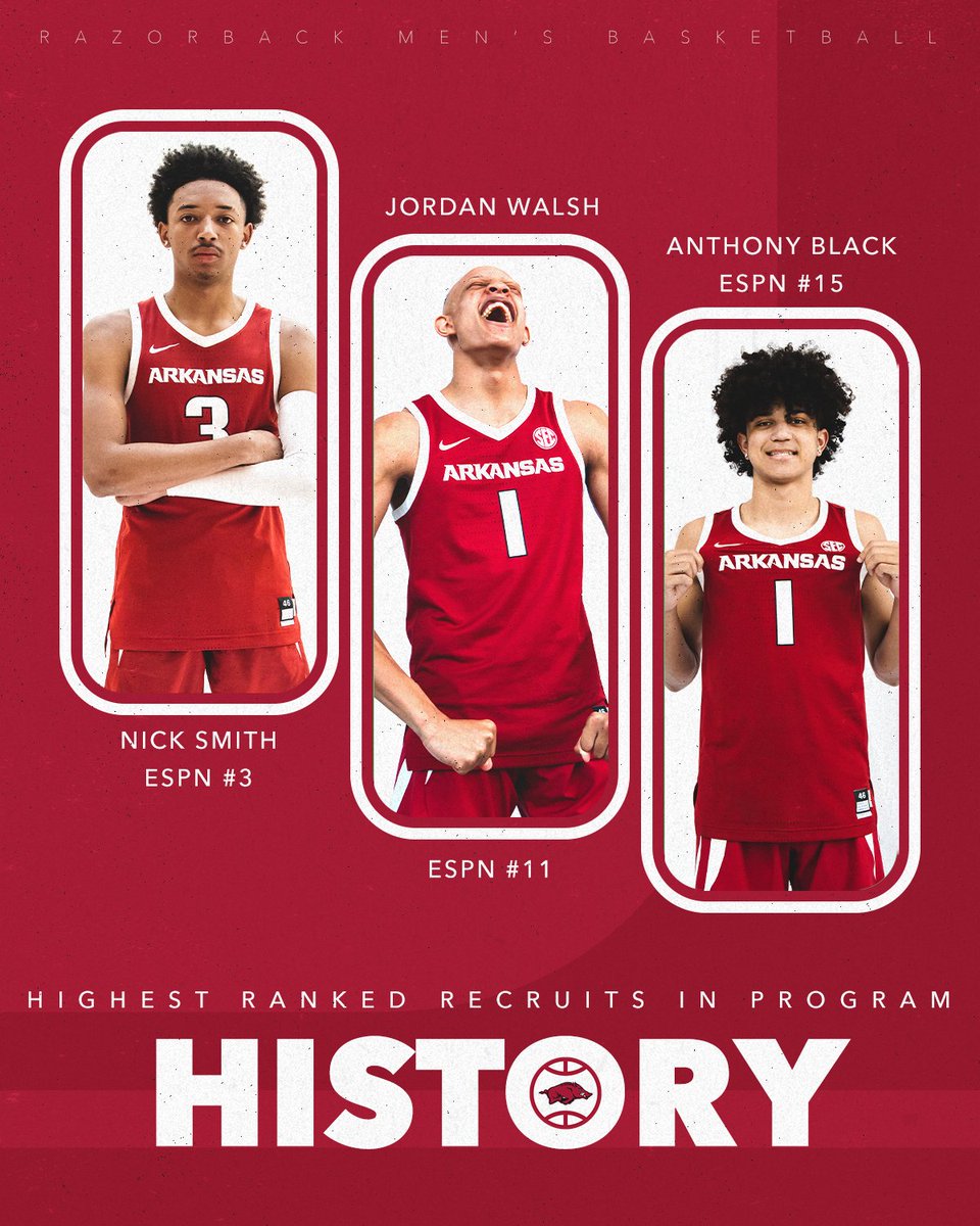 RazorbackMBB's tweet photo. The highest ranked Razorback signee in program history was Bobby Portis, who was ranked 16 by ESPN.

The 2022 signing class has three in the top 15 🐗 https://t.co/RSCopjxAlV