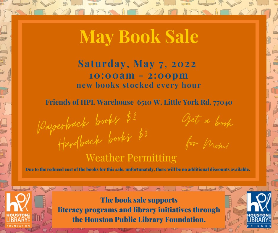 Would your mom ❤️getting some new 📚 to read for #MothersDay? If so, join <a href="/houlibraryfdn/">Houston Public Library Foundation</a> at their May book sale this Saturday, May 7, from 10 AM - 2 PM at the #FriendsofHPL Warehouse located at 6510 W. Little York Rd., 77040! #ILoveHPL #HPLF