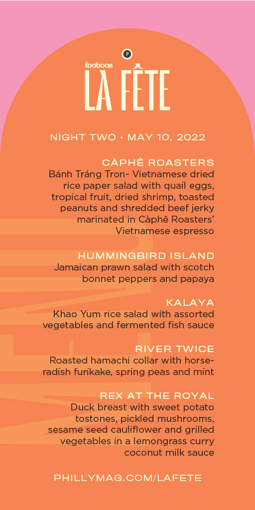 The menus for both nights of <a href="/foobooz/">Foobooz</a> &amp; <a href="/phillymag/">Philly Mag</a>'s La Fête have been released! Check out what some of Philadelphia's top chefs are cooking up on May 9 &amp; 10 at the <a href="/MannCenter/">the Mann.</a>.🎟️ Tickets are limited, get yours now: phillymag.com/lafete