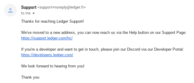 happymadness's tweet photo. @Ledger_Support Thx @Ledger_Support. I received an email from Nina and replied with the asked for information. After replying to support@ledger.fr, the email address used by Nina, I received the following message from support+noreply@ledger.fr. Can you check if you received my reply? Thx https://t.co/fiJH71riox