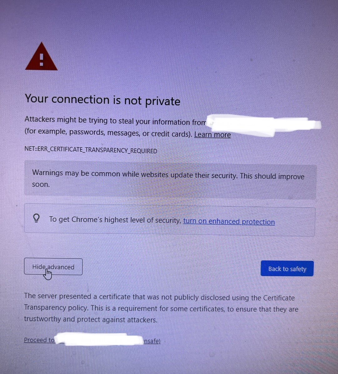 Pghpunkid's tweet photo. @ChromiumDev @googlechrome @Google Something broke. Win 7/10, v100+. GoDaddy signed cert is failing for Certificate Transparency. Edge and Firefox is fine. Just told 70 locations to switch browsers. Im no rocket surgeon but that might want to be looked into. https://t.co/OCqWMiXOrF