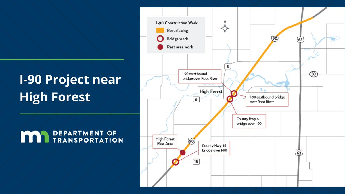 mndotsoutheast's tweet photo. The High Forest I-90 rest area that serves eastbound motorists west of Stewartville will close on May 9 as part of the repaving and bridge pier project. Work on the rest area is expected to be complete by mid-July. Details: https://t.co/ZRenvPGOrk #OlmstedCounty #mowercounty https://t.co/x99FUWXykB