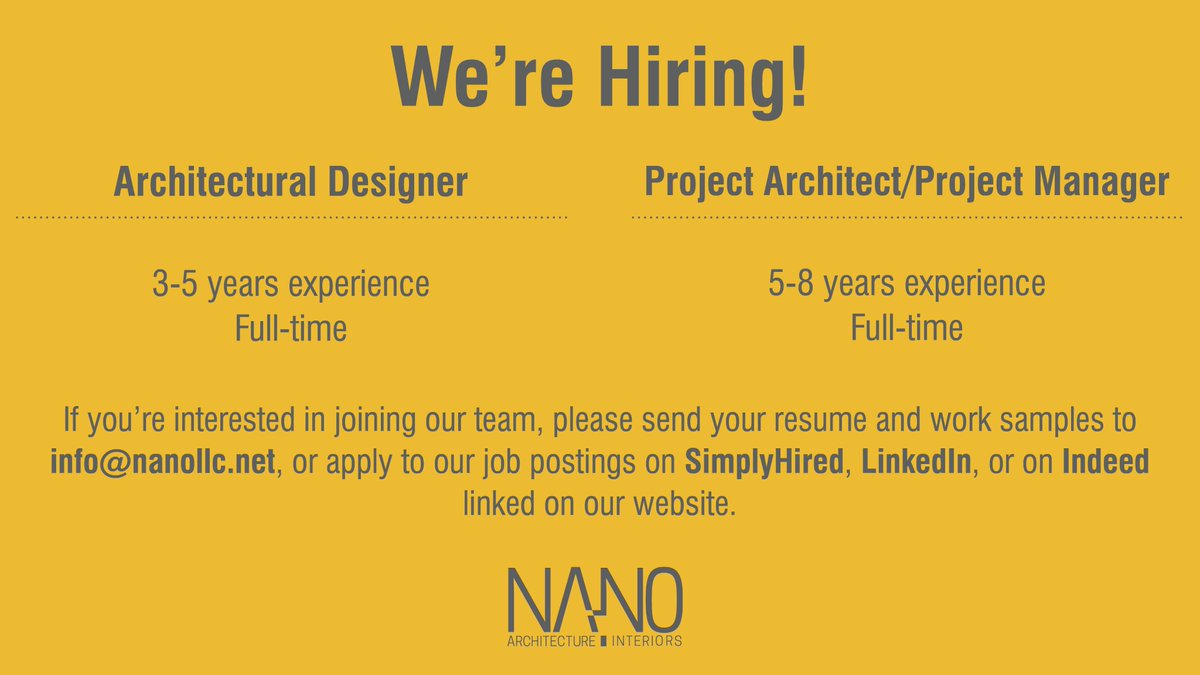 We’re currently hiring an architectural designer and project architect / project manager.

Please send your resume and work samples to info@nanollc.net, or apply to the job postings on our website.
#joinourteam #positionsavailable