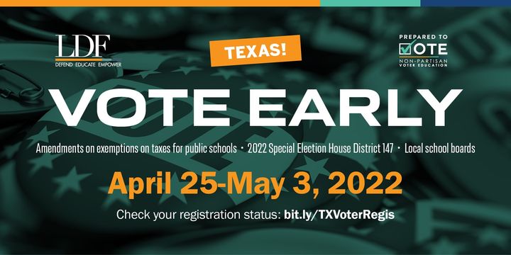 NAACP_LDF's tweet image. TEXAS VOTERS! TOMORROW is the last day to vote early in the May 7 election! Are you #PreparedToVote? Find voting info: voting.naacpldf.org/voting-rights/…

Some Independent School Districts are using separate polling locations for school board races so check your ISD website for more info.