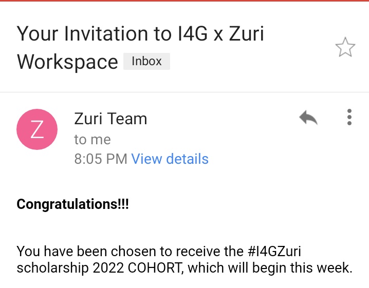 I was just accepted for the #I4GZuri scholarship, and I'm excited to learn and improve my tech career. Thanks to <a href="/ingressive4Good/">Ingressive for Good</a> and <a href="/thezuriteam/">Zuri.Team</a> for their contributions.