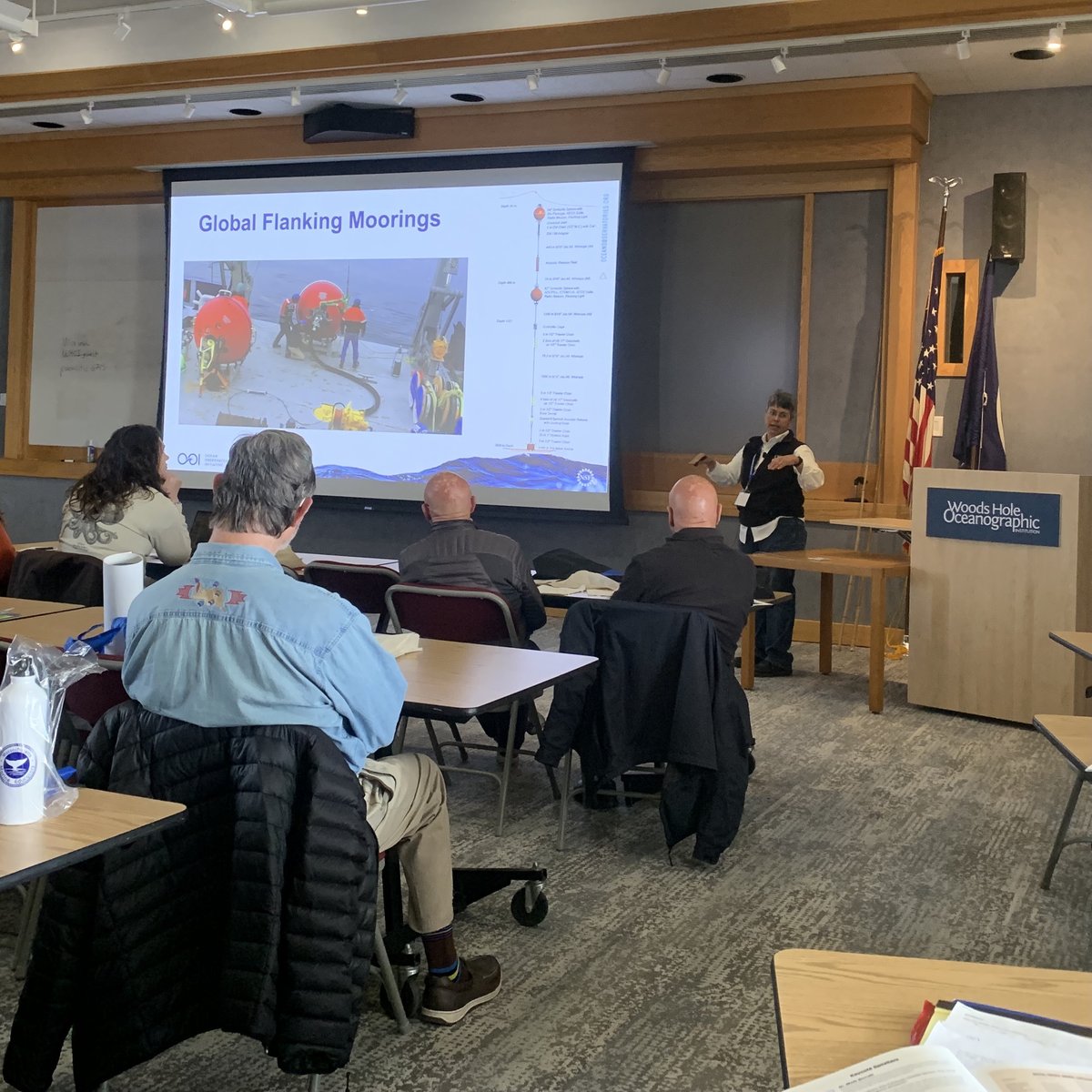 oceanobserv's tweet photo. @WHOI / OOI engineer Sheri White gave a keynote speech to the Massachusetts Marine Educators 46th Annual Meeting on Sat. Taking advantage of the weather, she (in hat) took a group on a tour of OOI's lab space and recovered Pioneer gear. @NSF , #nsffunded, @WHOI, #MAScienceTeach https://t.co/wcPpUAb8Hh