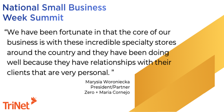 TriNet's tweet image. The importance of a personal touch in both business and fashion was a theme in our session today with Maria Cornejo &amp;amp; Marysia Woroniecka, the women behind clothing line @zeromcornejo. If you missed today’s sessions, watch them here: trinet.com/smallbusinessw… #TriNetSmallBizSummit