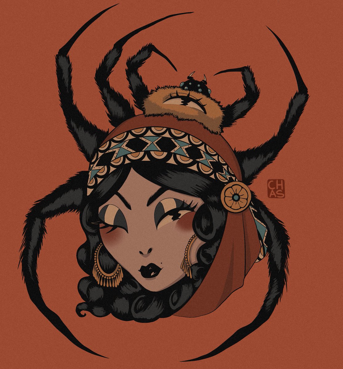 chasedawsonart's tweet photo. You open the curtain and sit at the fortune dimly-lit table in the gypsy caravan and see this dangling before you….wyd? #Traditionaltattoo #vintageart #gypsyart #spiderwoman #digitalart #illustration https://t.co/HktXXmqJsU