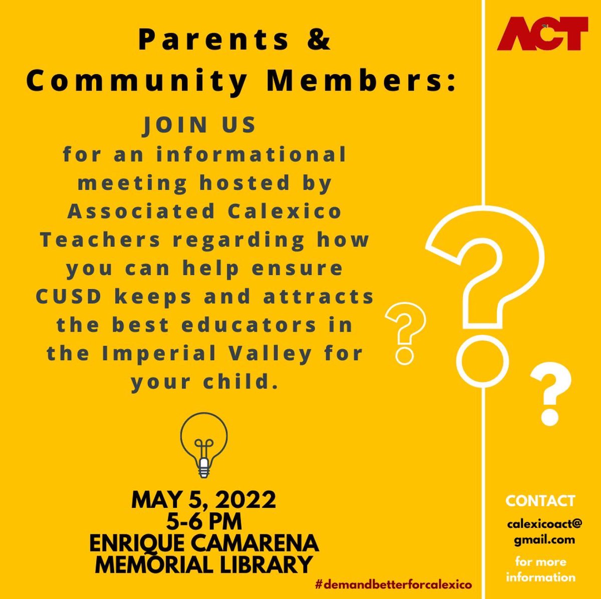 CalexicoACT's tweet photo. Please rt. Parent and Community Member Informational meeting. #clxact #WeAreCTA #demandbetterforcalexico #exijalomejorparacalexico https://t.co/hyNQgOXoXg