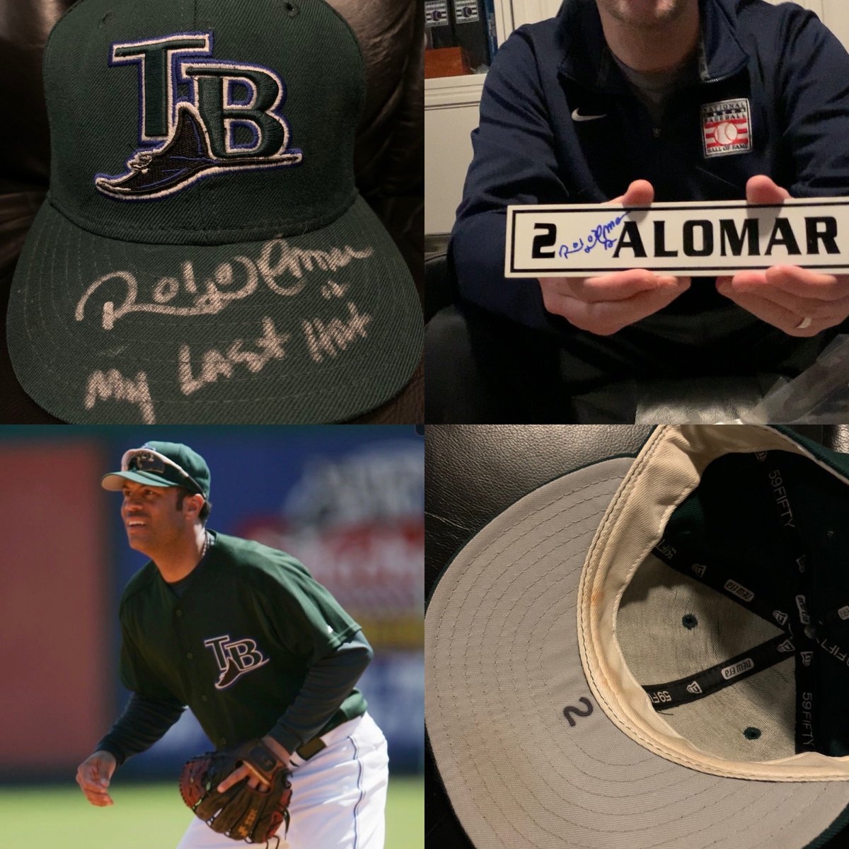 BallparkMemo's tweet photo. New addition to the collection is the last cap Roberto Alomar wore during his HOF career and his locker room nameplate with the Rays. #robertoalomar #alomar #robbiealomar #memorabilia #thehobby @HeritageAuction https://t.co/VSvFPOrIEV