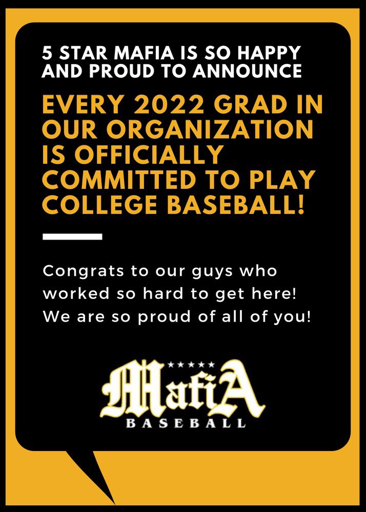 5StarMafiaTampa's tweet photo. As an organization this is what is all about. Happy to announce that all of our 2022 graduating players are committed! We watched most of these boys turn into men over the years and it’s been an honor.Congrats to the 2022 class and know you are Mafia Family Forever #MafiaBoys https://t.co/86H2cHUHqq