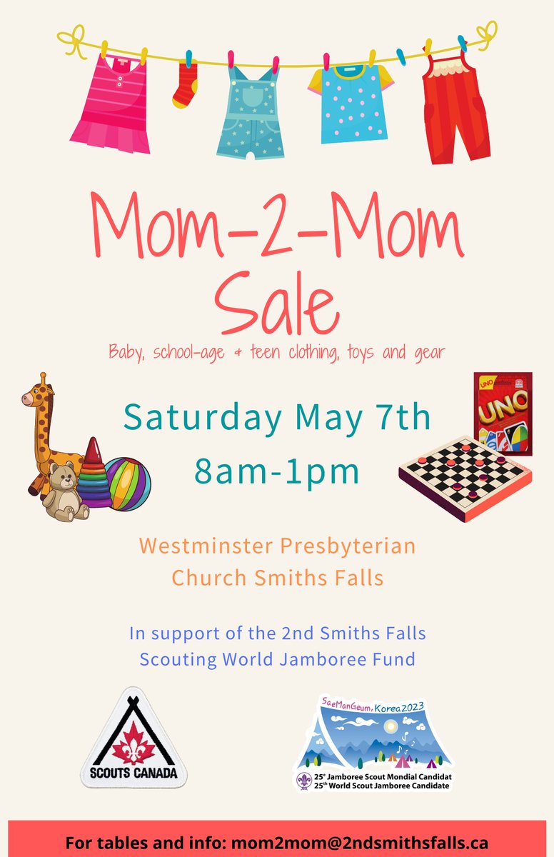 2ndSmithsFalls's tweet photo. Smiths Falls Scouts Mom2mom sale May 7th. Doors open 8am! 

Help send a Scout to World Scout Jamboree South Korea 2023!

#scoutsdostuff #wsj2023 #jamboree2023 @WJ2019Canada @scoutscanada https://t.co/STnUrrP5fZ