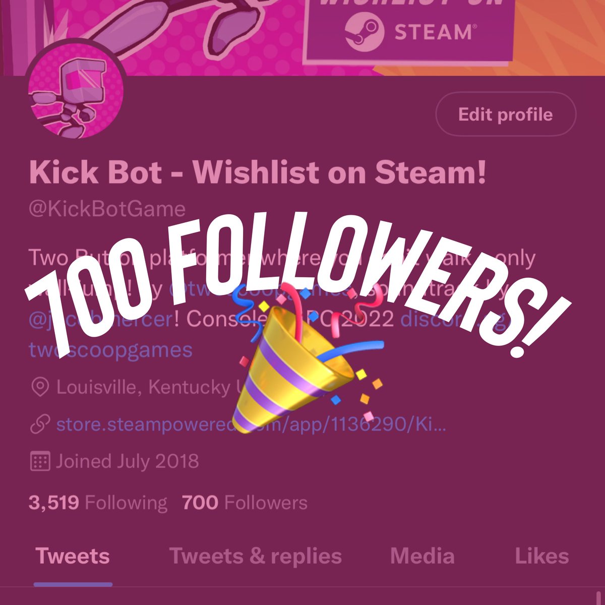 KickBotGame's tweet photo. We reached 700 followers – that’s like how many times y’all are gonna die per level in Kick Bot! 

#samejoke #again https://t.co/e42yh6lUUC