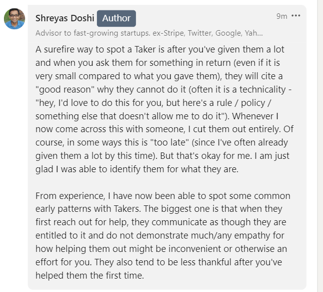 shreyas's tweet image. Someone on LinkedIn asked me how to identify Takers. With some experience (i.e. bad experience :) ), I am now able to spot a Taker a lot earlier. Some patterns I’ve seen: