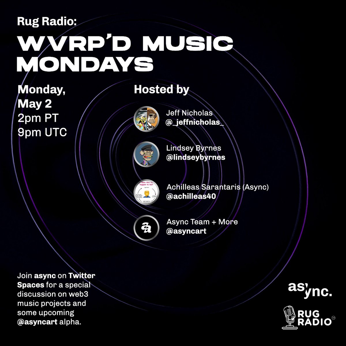 AsyncArt's tweet photo. We're now LIVE for WVRP'd MUSIC MONDAYS by @warpsound_ai with hosts @_jeffnicholas_ + @LindseyByrnes! 🔥🎶
Join us here to discuss Web3 music projects and some exciting #AsyncMusic alpha: https://t.co/pkHIGkInXi https://t.co/jGSRNSNFjw