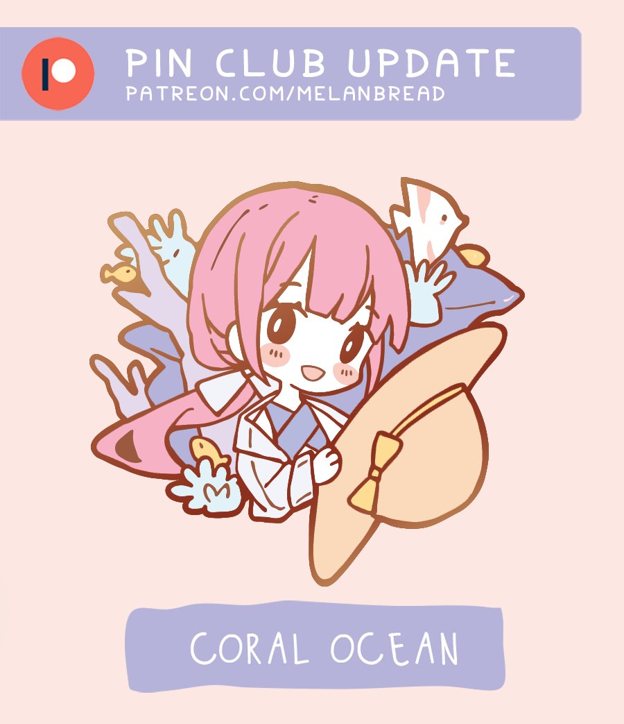 June's Patreon pin club theme is "Coral Ocean" featuring a relaxing tourist just lazing by the warm waters in the ocean.

This month's merch will be a pin, postcard, sticker sheet w/holographic foil accents, and vinyl sticker. Pledge during the month of June to get these shipped 