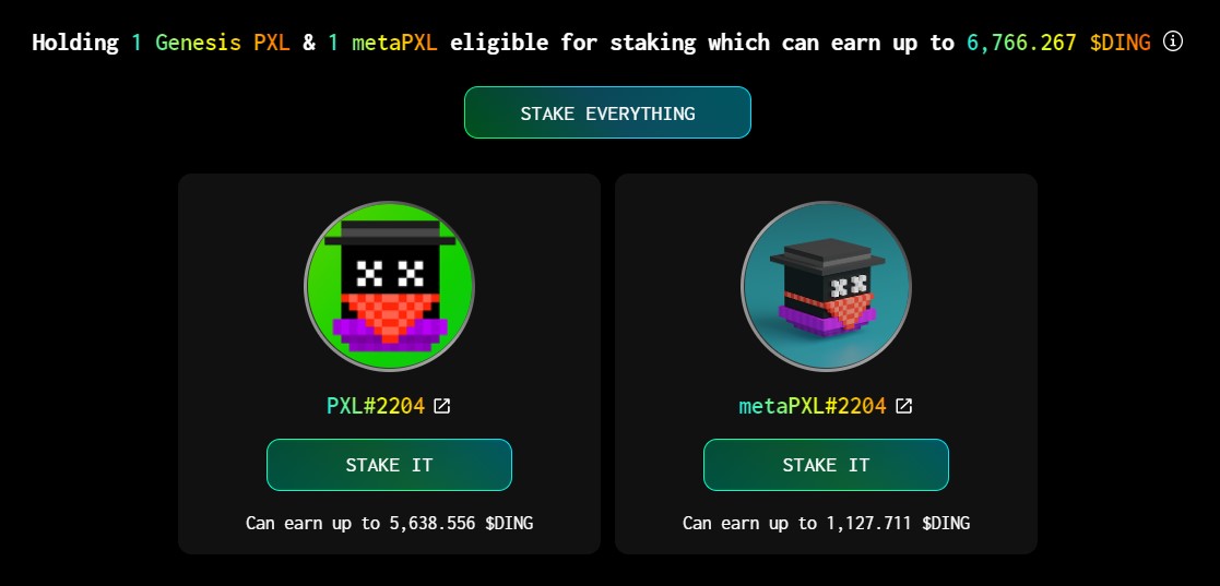 UnitiseIO's tweet photo. We just staked our #DeadPXL and #metaPXL to earn #Ding 🔔 - That's 6766.267 #Ding + #PXL2204 + . #metaPXL2204 that will be available to bid on using UUT when our marketplace opens. Even more reason to become a #DecentLobster🦞#CNFT #Cardano https://t.co/MjASaD2lmv