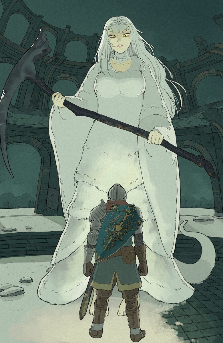 giant giantess 1girl weapon white hair long hair dragon girl  illustration images