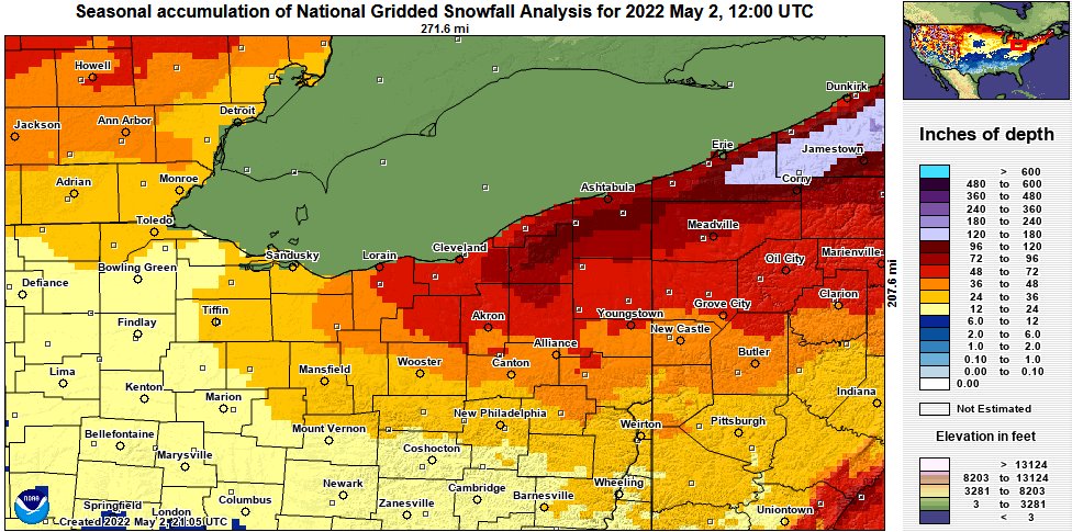 NWSCLE's tweet photo. @NWSWPC And to "piggy-back" off the NWS WPC tweet about this past winter season snowfall analysis on our local area, here is zoomed in look and graphic showing most areas saw below average snowfall except Akron-Canton. 
Link to map at https://t.co/e2NYKk6DsO
#OHwx #PAwx #CLEwx https://t.co/8YsI5jssPX