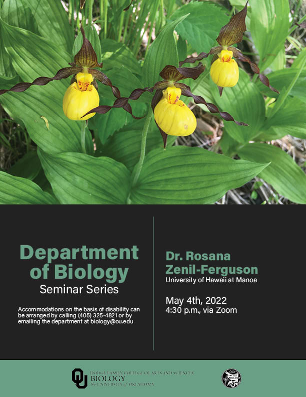 Please join us via Zoom on Wednesday for a virtual seminar with Dr. Rosana Zenil-Ferguson of the University of Hawaii at Manoa. 

More info available at ou.edu/cas/biology
